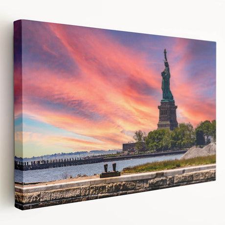 Ellis Island depicted in muted green and blue tones on a large stretched canvas, suitable for kitchen wall art.
