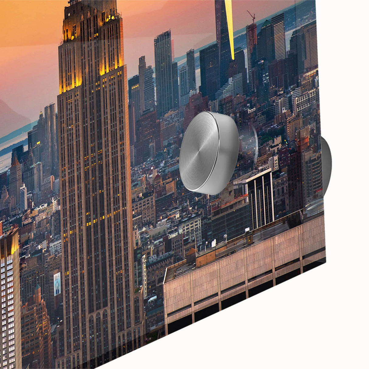 Acrylic print of a large abstract depiction of the NYC skyline in muted gray and blue tones, suitable for dining room art.