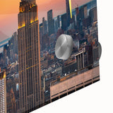 Acrylic print of a large abstract depiction of the NYC skyline in muted gray and blue tones, suitable for dining room art.