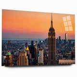 Acrylic print of large abstract New York City skyline in muted gray and blue, ideal for bedroom or dining room wall art.