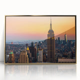 Acrylic print of the NYC skyline with gold frame, featuring mid-century modernist style, ideal for modern art wall decor.