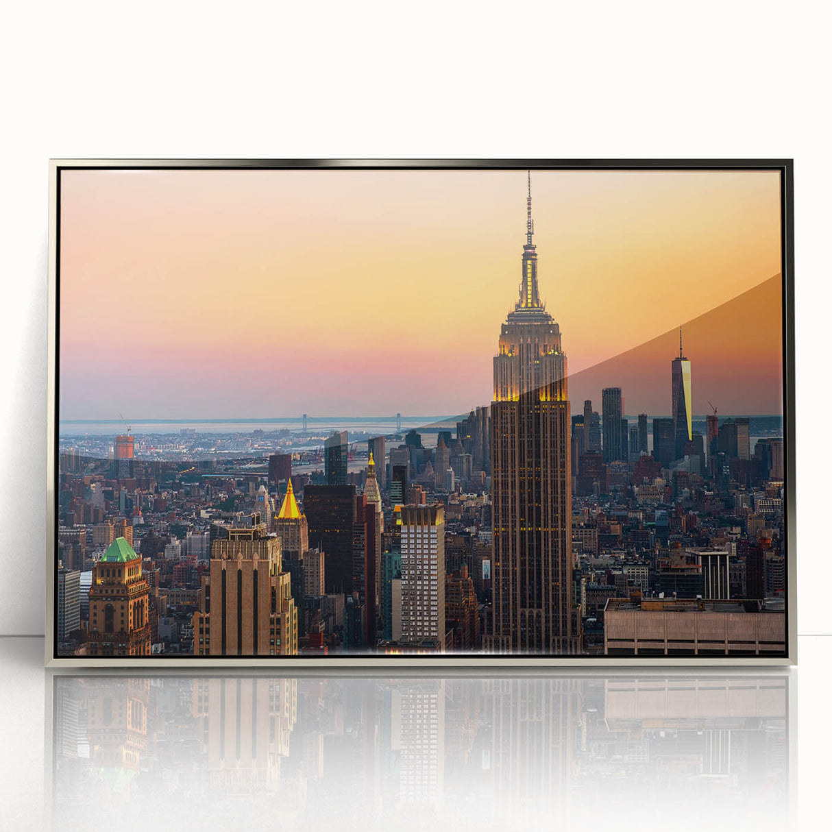 Mid-century modernist art of NYC skyline in silver acrylic frame, suitable for modern art wall decor.