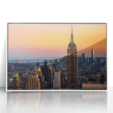 Acrylic print of the Empire State Building in art deco style, framed in white, suitable for modern art wall decor.