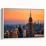 Vintage poster art of NYC Empire State Building in colorful hues on extra large framed canvas, ideal for living room.