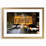 Extra large abstract art print of New York City's Grand Central, in gold frame, ideal for living room decor.