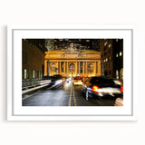 Abstract art print of New York City's Grand Central Station in muted gray tones, framed in white.