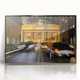 Mid-century modernist style large art print of NYC's Grand Central, in gold and black tones, acrylic framed.