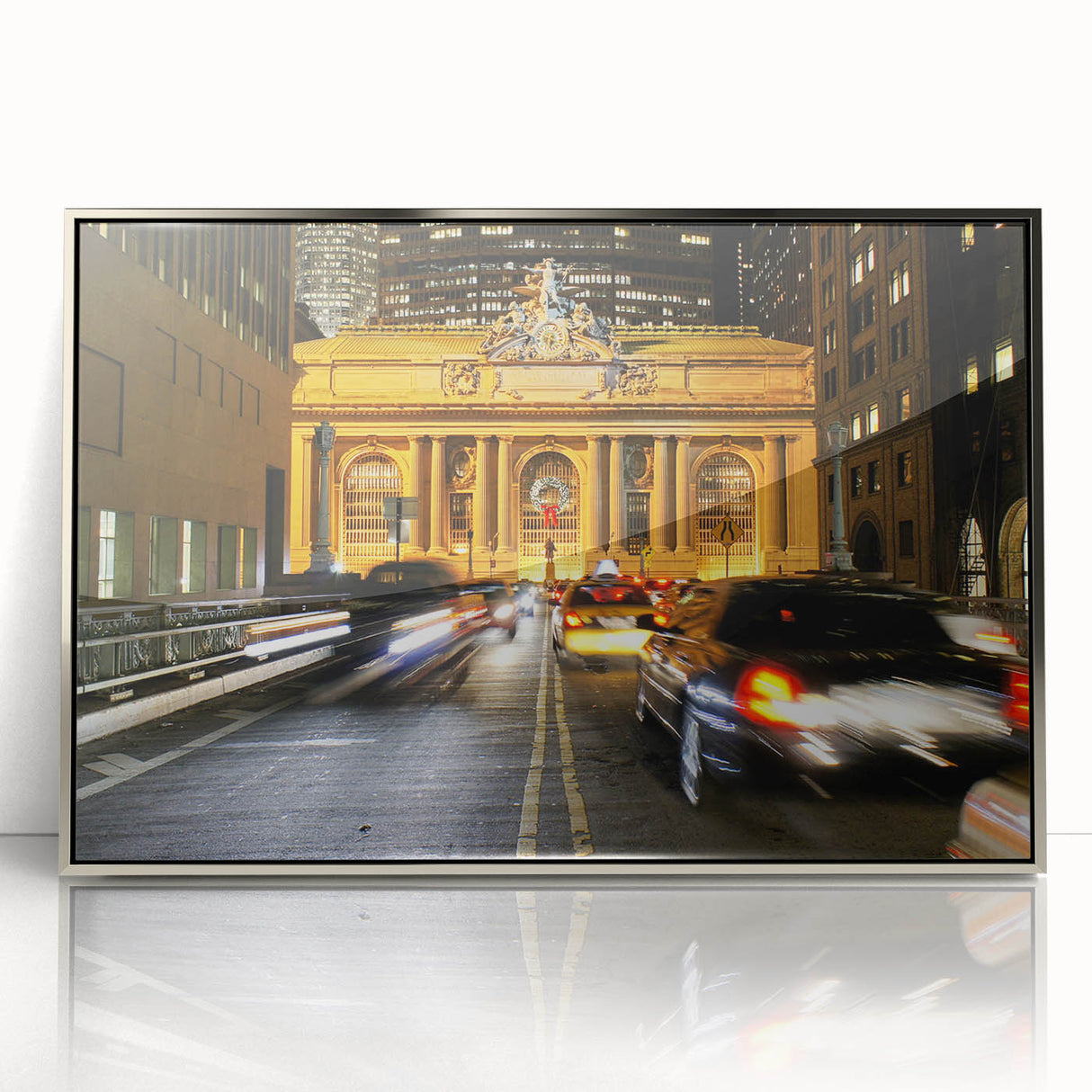 Mid-century modernist art of NYC's Grand Central in muted silver tones on a framed acrylic, ideal for modern art wall decor.