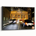 Vintage poster art of NYC Grand Central in colorful tones on extra large black framed canvas, ideal for living room decor.