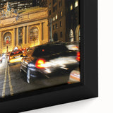 Extra large framed canvas featuring a textured depiction of Grand Central Station in muted black and colorful accents.