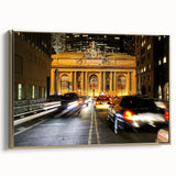 Black and white vintage poster art of Grand Central Station on framed canvas, ideal for bedroom wall decor.