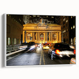 Framed canvas of a vintage New York City landscape art painting in black with colorful accents, ideal for office decor.