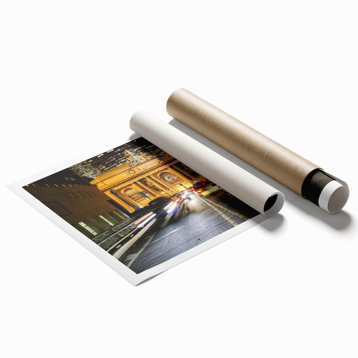 Extra large rolled print of Grand Central Station with floral accents in soft pastel shades.