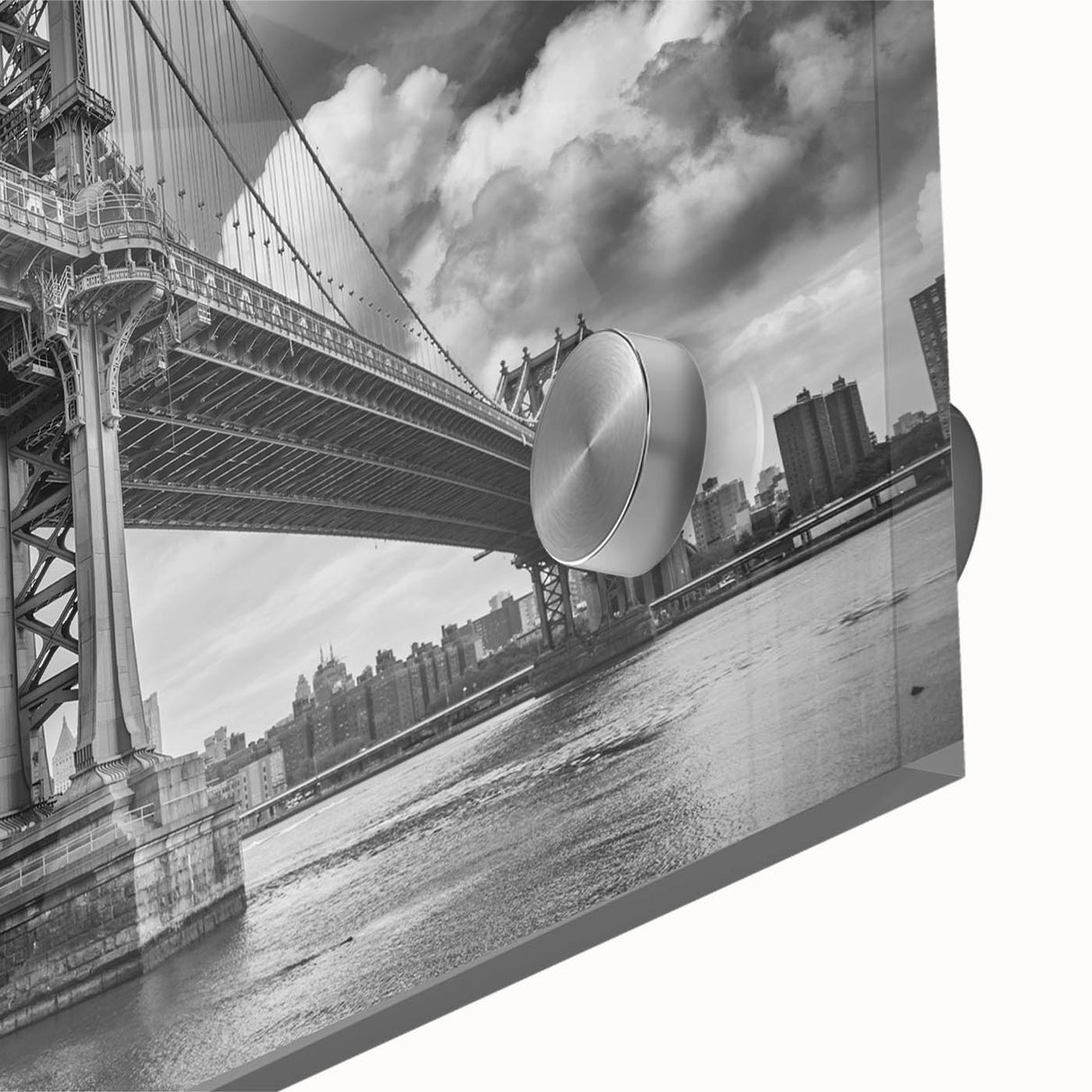 Acrylic print of Manhattan Bridge with muted gray tones, ideal for dining room art in a mid-century modernist style.