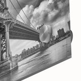 Acrylic print of Manhattan Bridge with muted gray tones, ideal for dining room art in a mid-century modernist style.