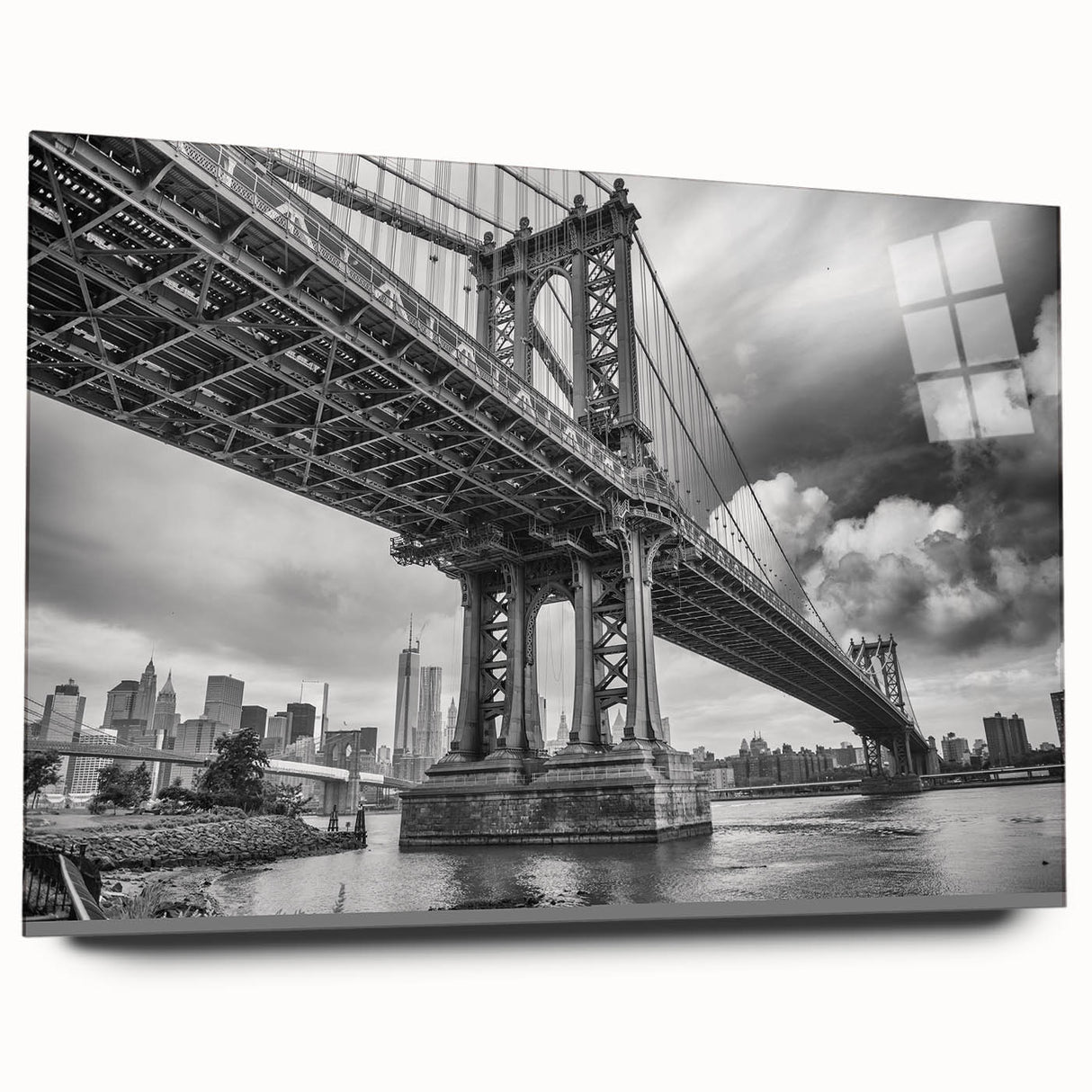 Acrylic print of the Manhattan Bridge in muted gray and blue tones, suitable for bedroom or dining room decor.