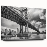 Acrylic print of the Manhattan Bridge in muted gray and blue tones, suitable for bedroom or dining room decor.