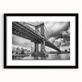 Extra large abstract art print of Manhattan Bridge in colorful, textured style on a black framed canvas.