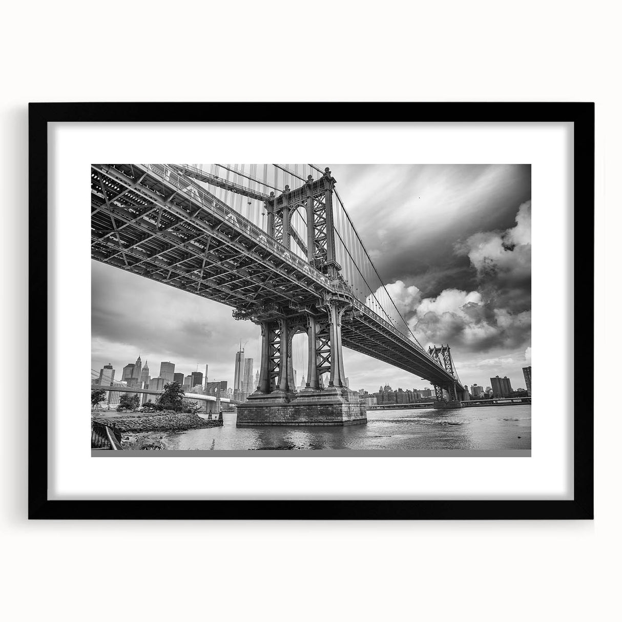 Extra large abstract art print of Manhattan Bridge in colorful, textured style on a black framed canvas.