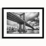 Extra large abstract art print of Manhattan Bridge in colorful, textured style on a black framed canvas.