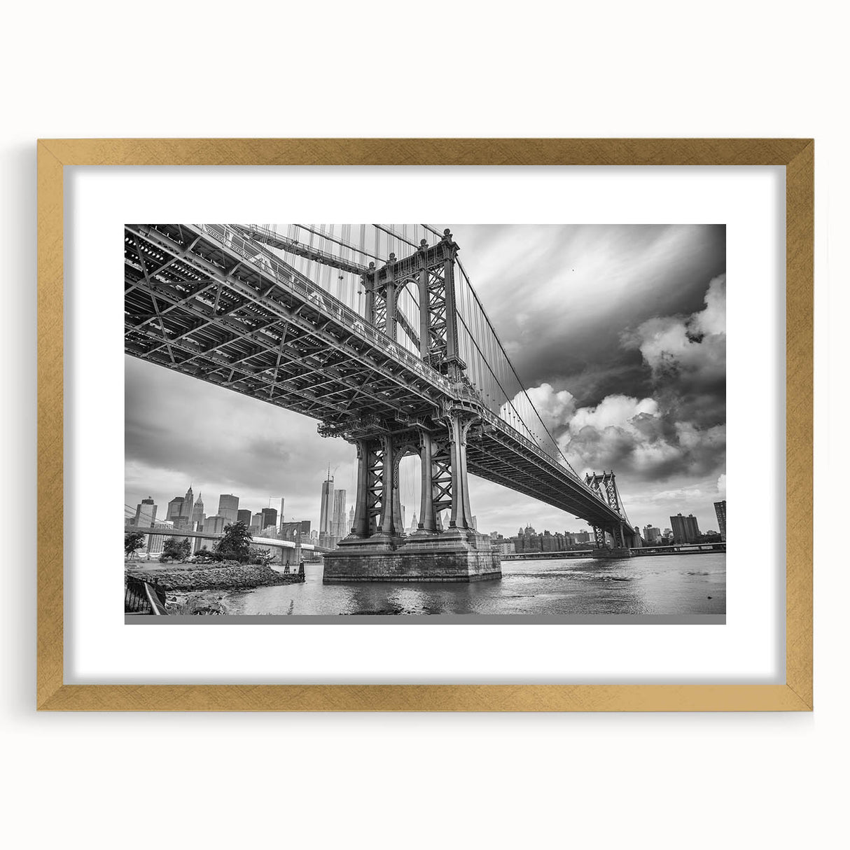 Extra large abstract art print of Manhattan Bridge in textured grays and blues on a framed canvas.