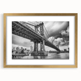 Extra large abstract art print of Manhattan Bridge in textured grays and blues on a framed canvas.