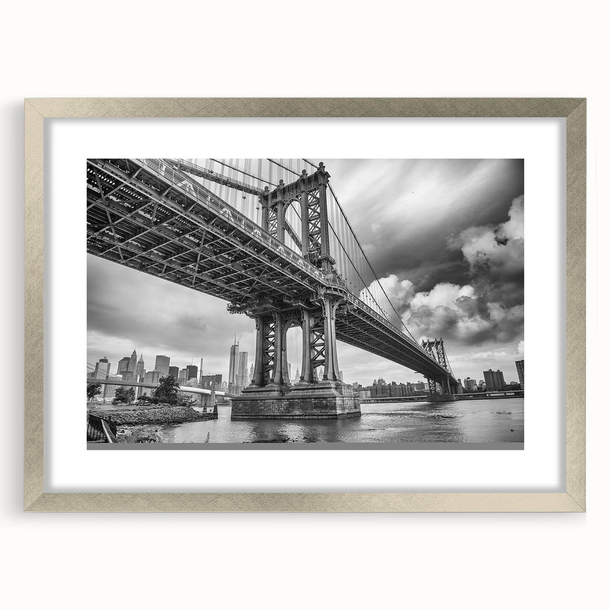 Textured art print of the Manhattan Bridge in muted gray and blue tones on framed canvas, suitable for bedroom decor.
