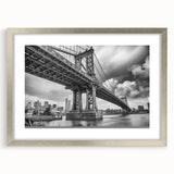 Textured art print of the Manhattan Bridge in muted gray and blue tones on framed canvas, suitable for bedroom decor.