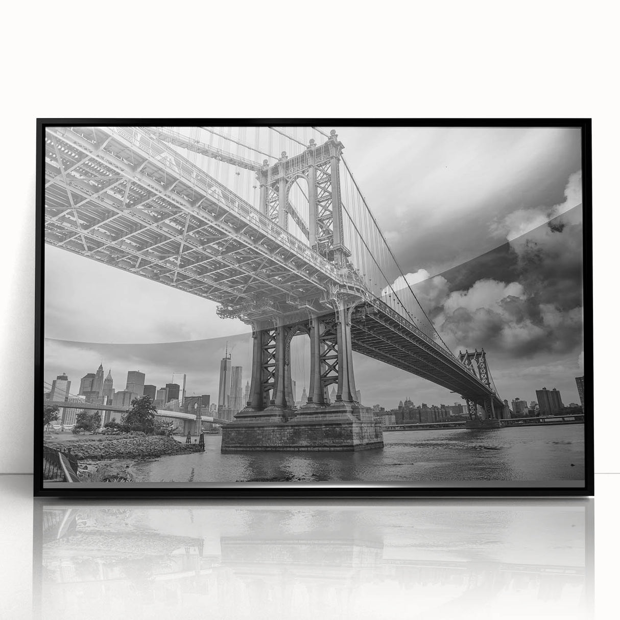 Large abstract wall art of Manhattan Bridge in muted gray and blue tones on a framed acrylic print.