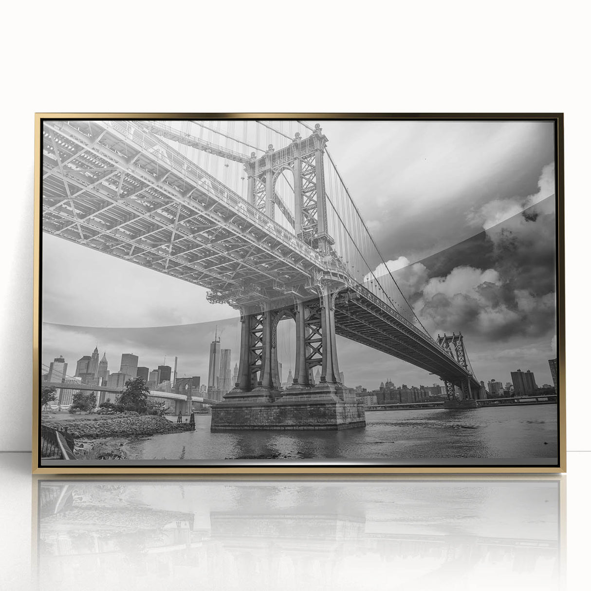 Acrylic print of Manhattan Bridge in gold tones, mid-century modernist style, suitable for modern art wall decor.