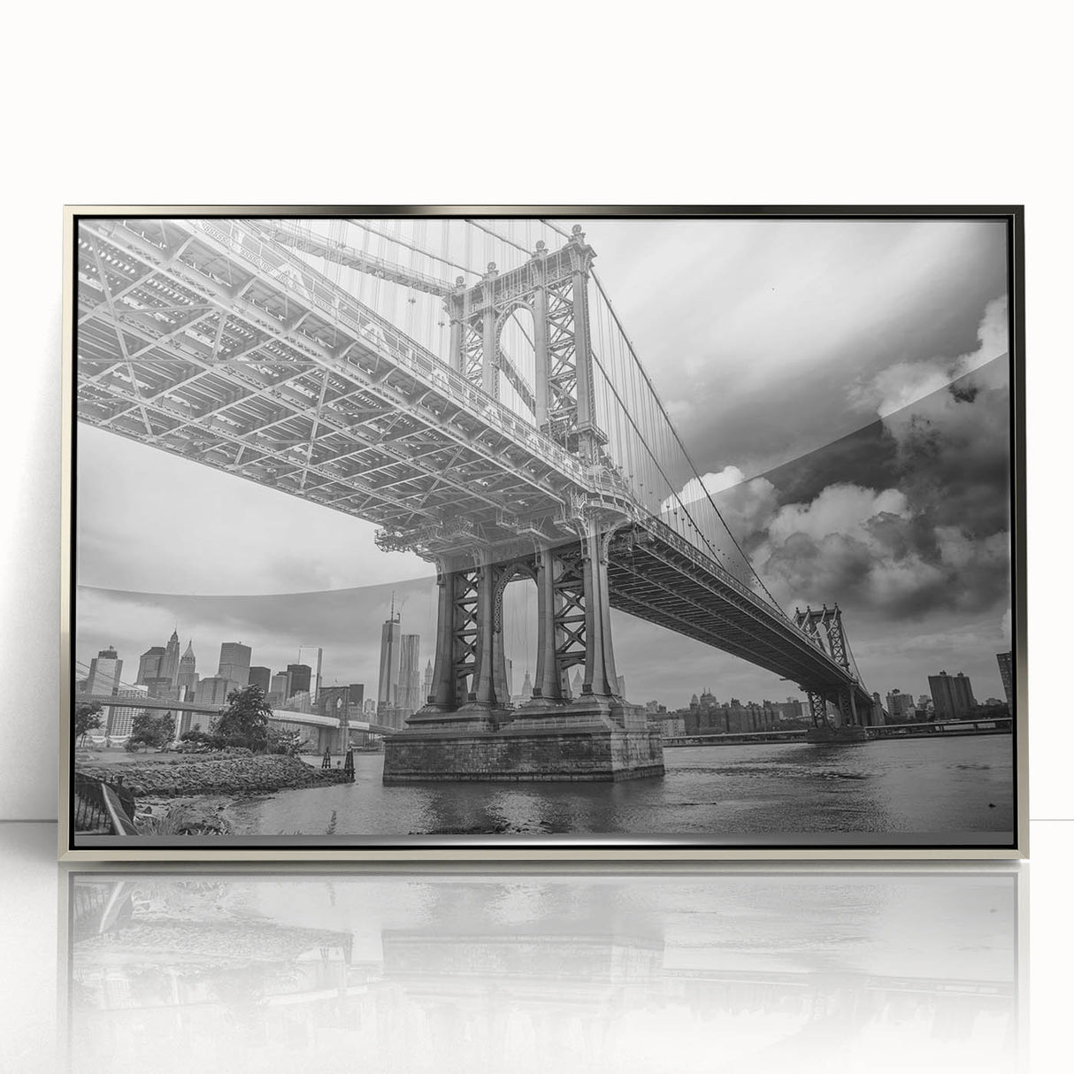 Mid-century modernist art of Manhattan Bridge in muted gray tones on a silver-framed acrylic print.