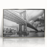 Mid-century modernist art of Manhattan Bridge in muted gray tones on a silver-framed acrylic print.