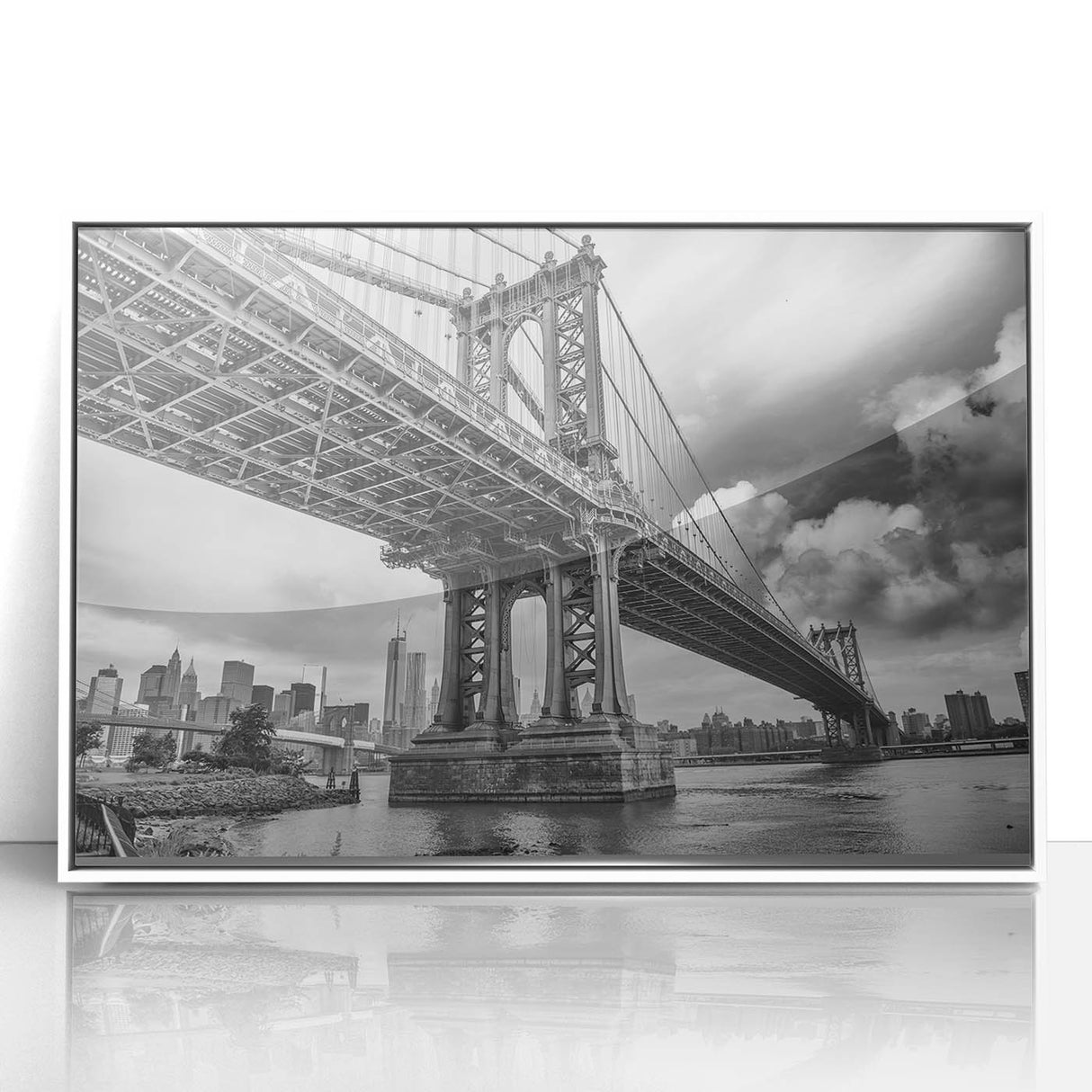 Art deco poster of Manhattan Bridge in monochrome tones on a framed acrylic, ideal for modern art wall decor.