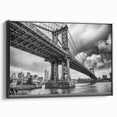 Black and white wall art of Manhattan Bridge on framed canvas, featuring monochrome landscape, ideal for bedroom decor.