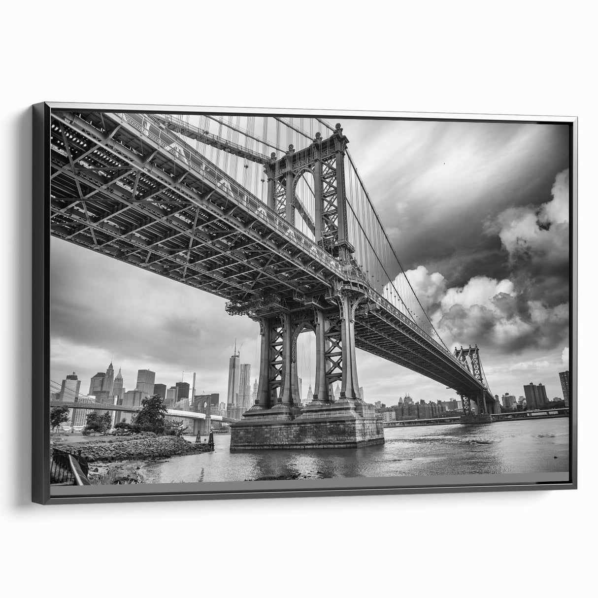 Black and white wall art of Manhattan Bridge on framed canvas, featuring monochrome landscape, ideal for bedroom decor.