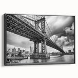 Black and white wall art of Manhattan Bridge on framed canvas, featuring monochrome landscape, ideal for bedroom decor.
