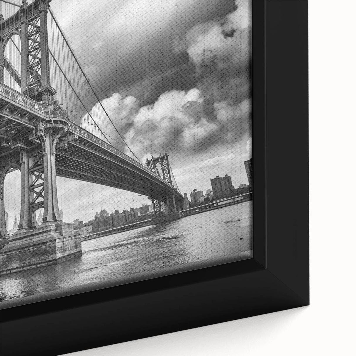 Extra large framed canvas of Manhattan Bridge in black with colorful, textured art, ideal for living room decor.