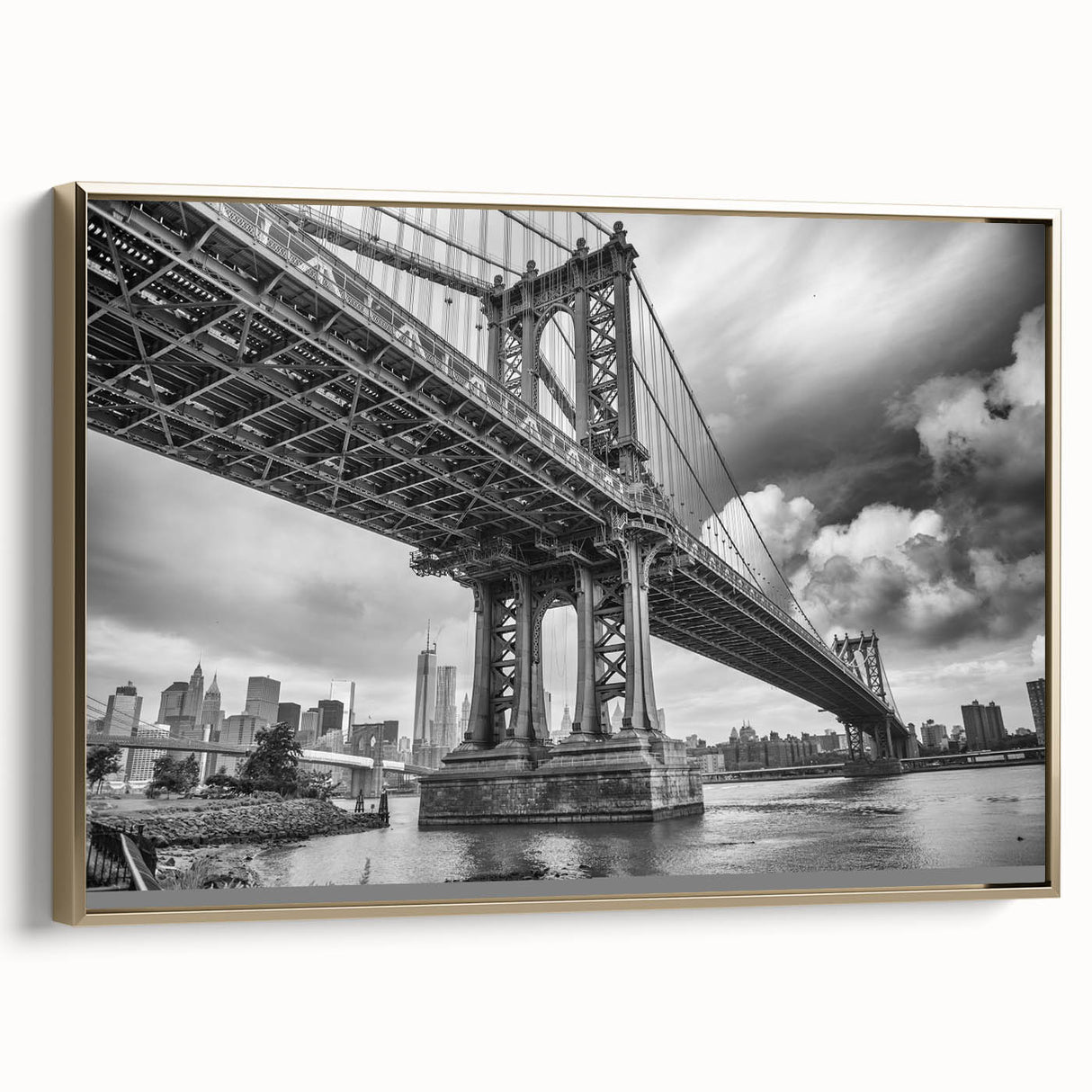 Framed canvas wall art of Manhattan Bridge in vintage poster style, featuring black and gold tones, ideal for bedroom decor.