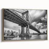Framed canvas wall art of Manhattan Bridge in vintage poster style, featuring black and gold tones, ideal for bedroom decor.