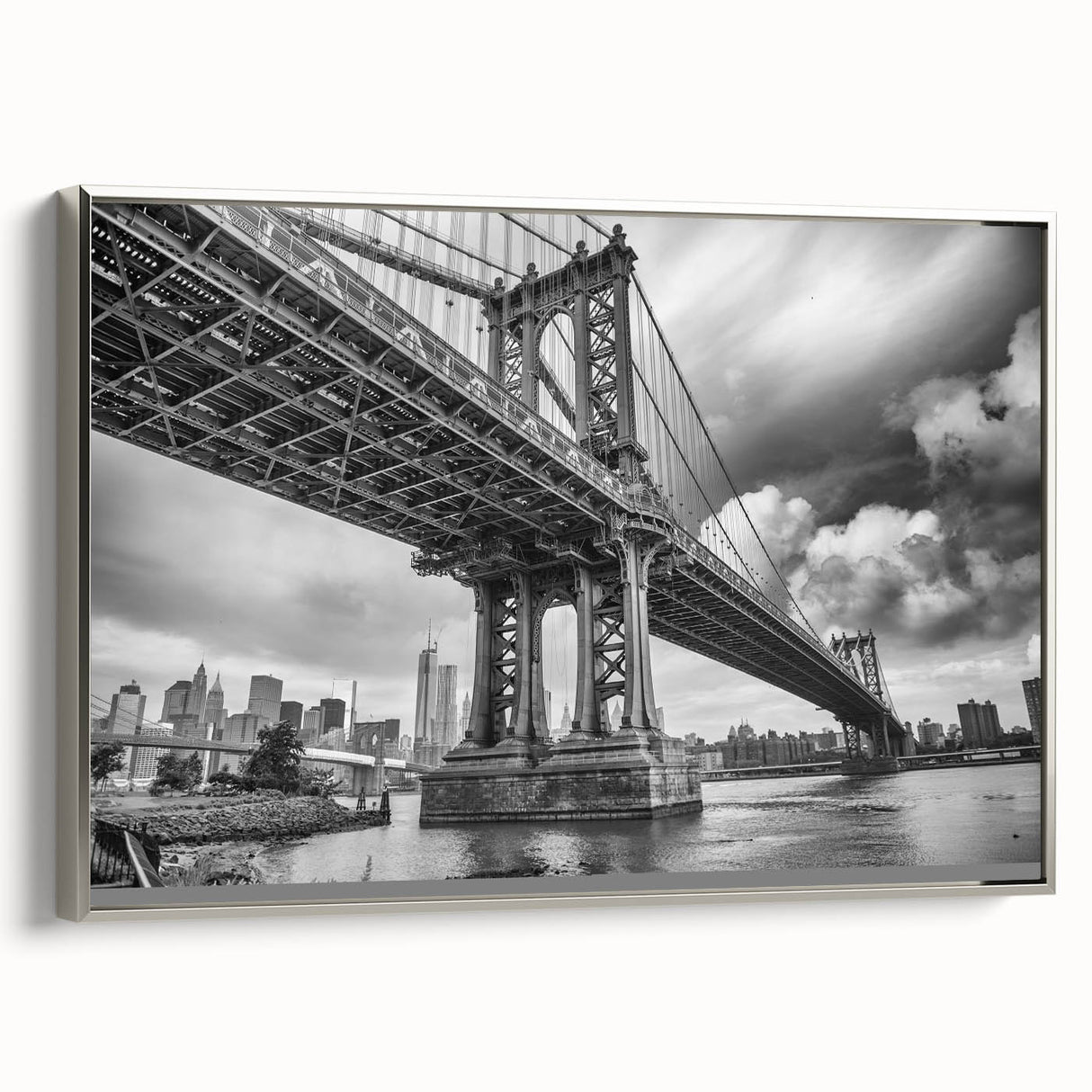 Framed canvas featuring a grayscale vintage poster of the Manhattan Bridge, ideal for modern living room decor.