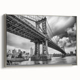 Framed canvas featuring a grayscale vintage poster of the Manhattan Bridge, ideal for modern living room decor.