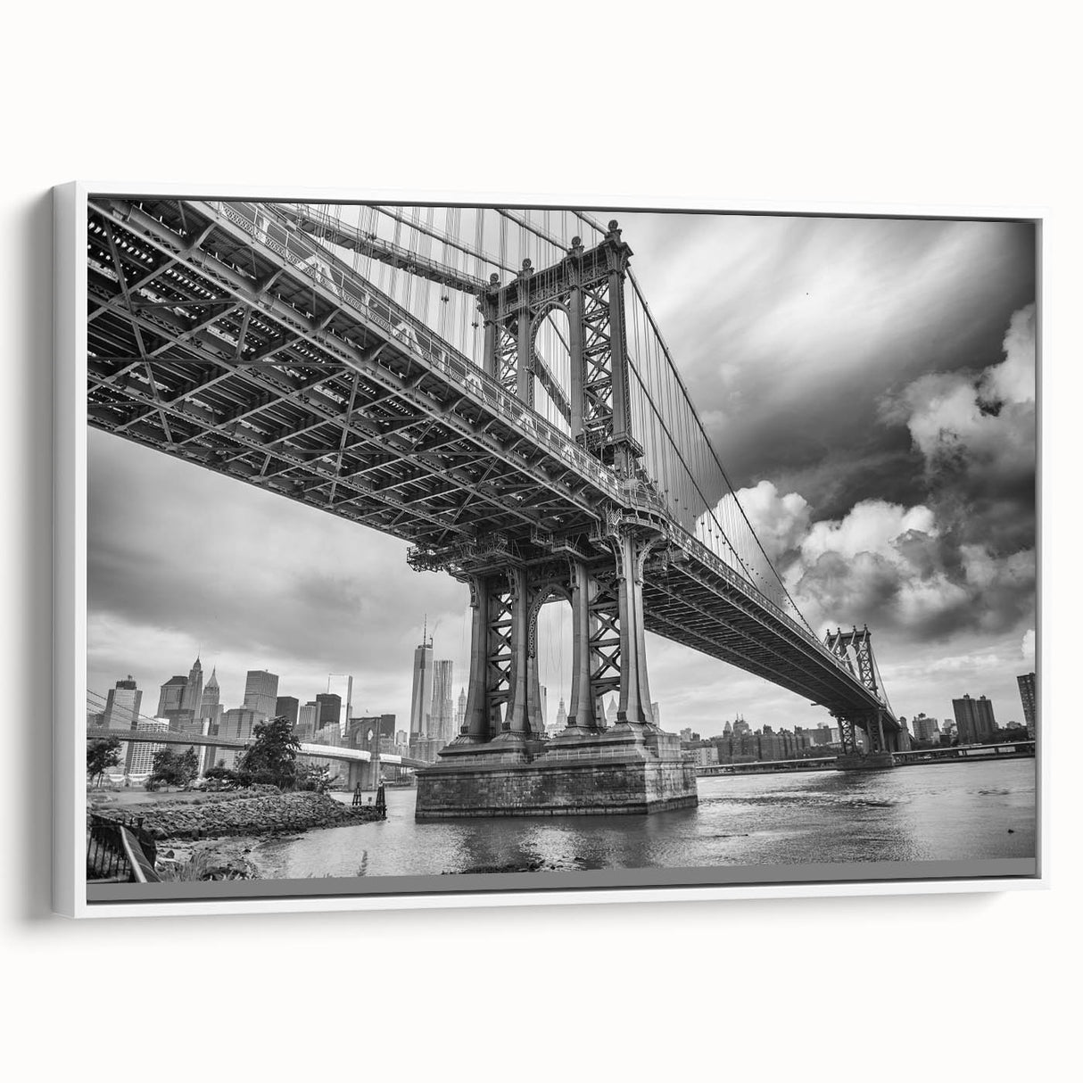 Vintage poster art of Manhattan Bridge in black and colorful tones on extra large framed canvas, ideal for living room decor.