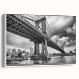 Vintage poster art of Manhattan Bridge in black and colorful tones on extra large framed canvas, ideal for living room decor.