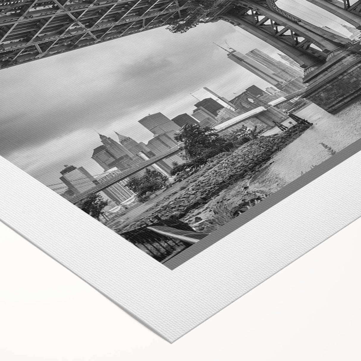 Art Deco poster of Manhattan Bridge in grayscale tones on rolled canvas, suitable for dining room wall art.