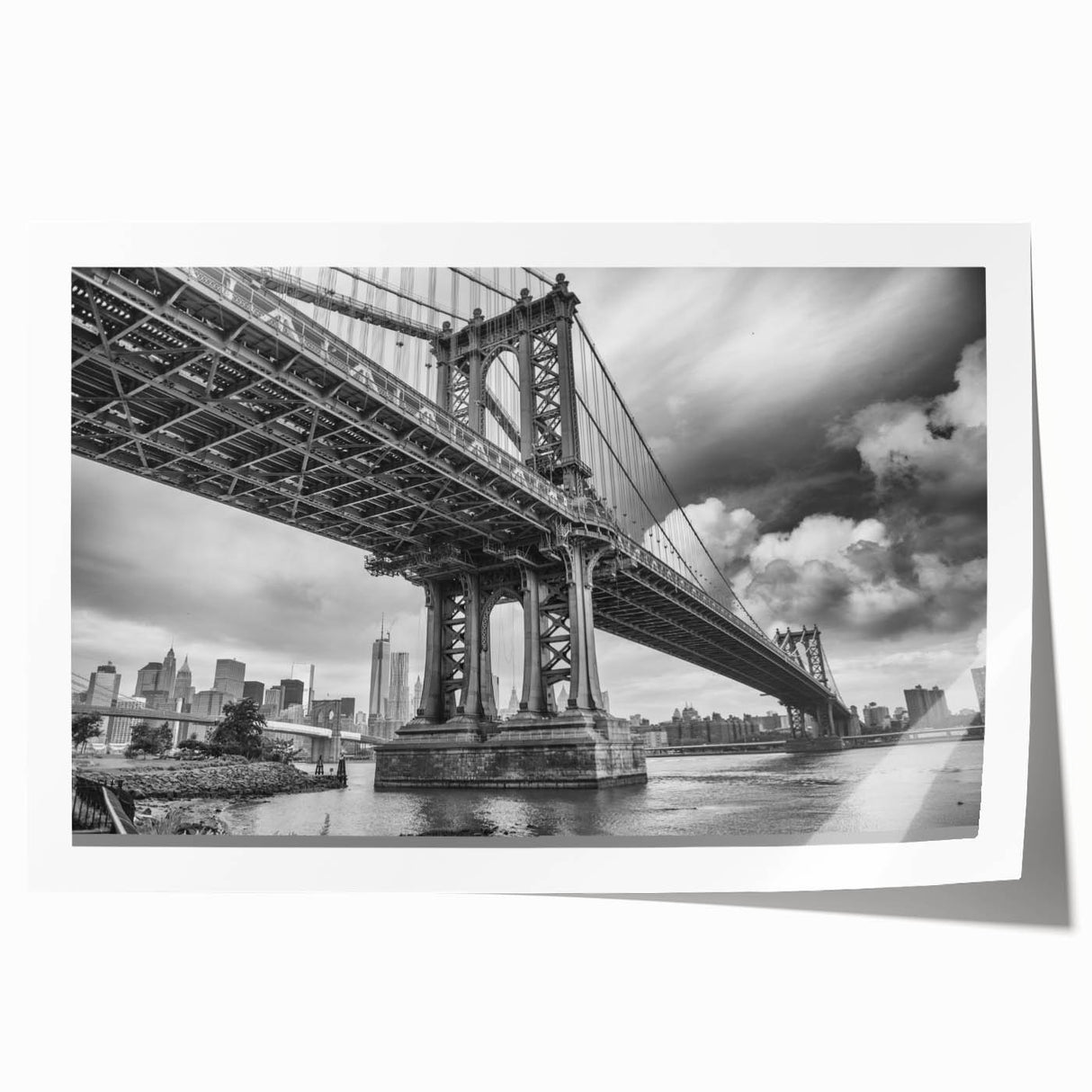 Extra large rolled print of the Manhattan Bridge in muted gray tones, ideal for art wall dining room.