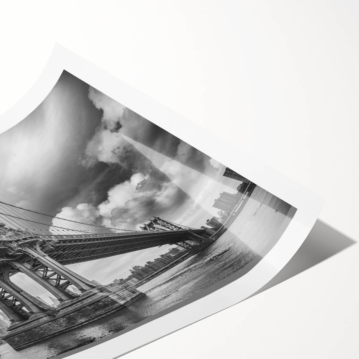 Extra large wall art featuring line art flowers over a Manhattan Bridge scenery on a rolled canvas.