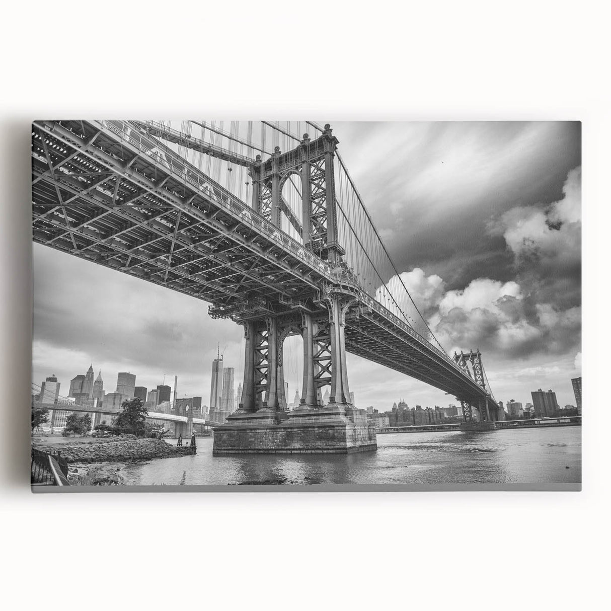 Black and white photograph of the Manhattan Bridge on stretched canvas, ideal for kitchen wall art.