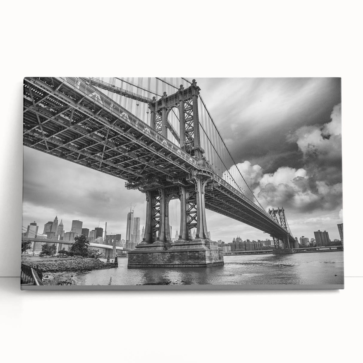 Black and white photo of Manhattan Bridge on stretched canvas, suited for kitchen wall art or bedroom ambiance.