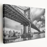 Large art of the Manhattan Bridge in muted gray tones on stretched canvas, ideal for kitchen wall art.