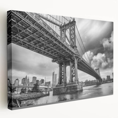 Large art of the Manhattan Bridge in muted gray tones on stretched canvas, ideal for kitchen wall art.